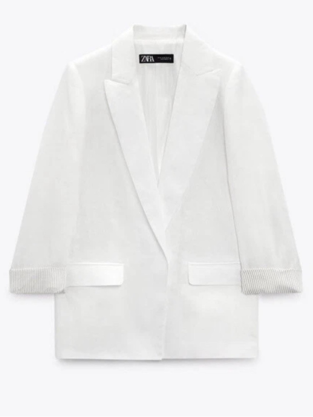 Zara 100% Linen Relaxed White Open Front Blazer Size XS